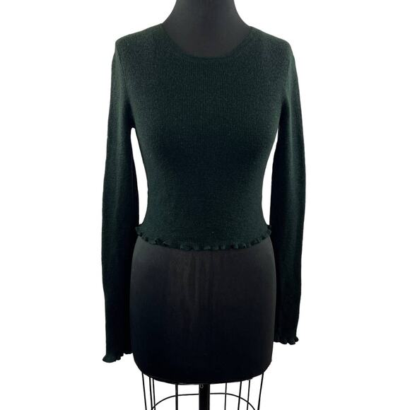 Something Navy Dark Green 100% Wool Lettuce Hem Crop Sweater Knit Top Crew L - Picture 1 of 7